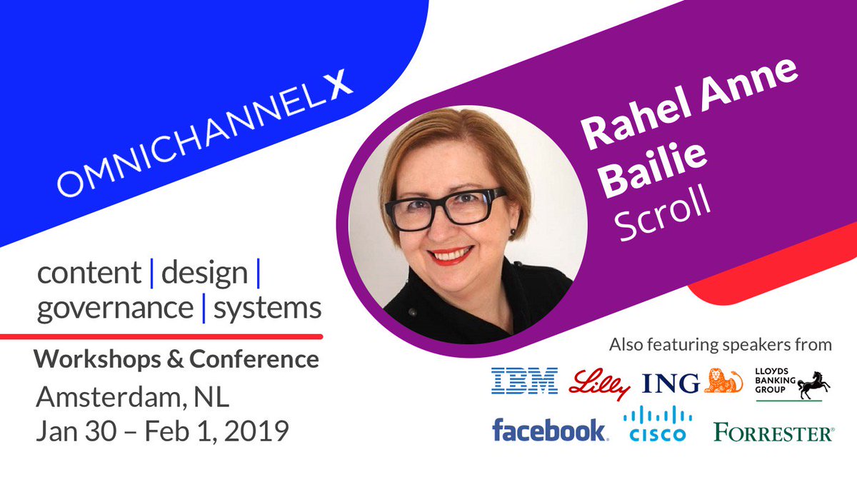 nozurbina's tweet image. The Chief Knowledge Officer at Scroll Rahel Bailie @rahelab will speak at @OmniXconf &quot;It’s never the content. It’s always the content: Managing omnichannel project risk&quot; bit.ly/2RdEMl0 Feb 1 #omnichannel