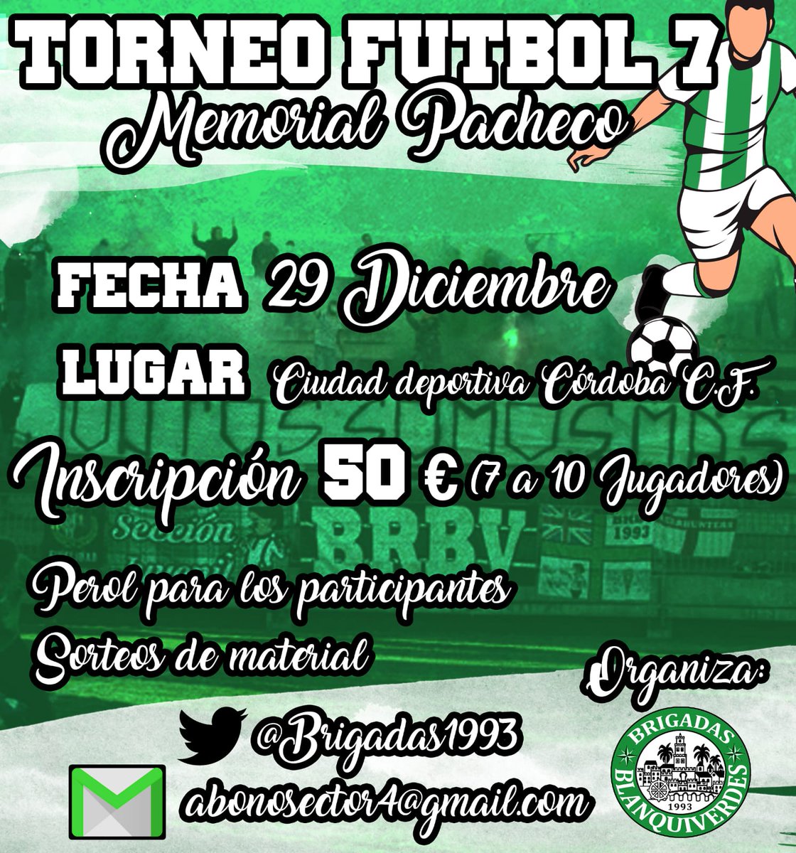 Brigadas1993's tweet photo. ¡El cordobesismo se pone las botas!

Recordamos la importante cita del Sábado, nuestro torneo de Fútbol 7 Memorial Pacheco.

Además se realizará una recogida solidaria de juguetes durante el torneo.

¡NO OS OLVIDÉIS DE LOS JUGUETES! https://t.co/ZqhAUSjy4Y