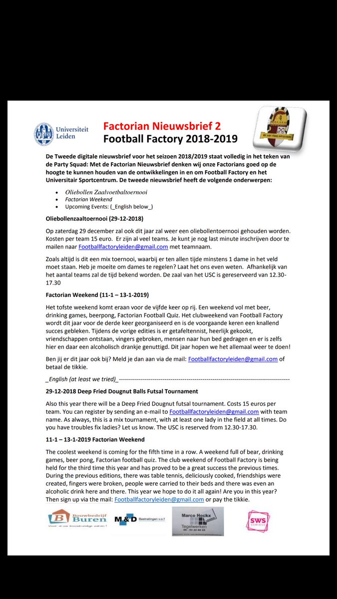 LVV_FF's tweet photo. Factorian Nieuwsbrief 2. 
Met #PartySquad onderwerpen als #Factorian #Zaalvoetbaltoernooi (29/12/2018) en #FactorianWeekend (11-13/1/2019) https://t.co/spBegTQwpw