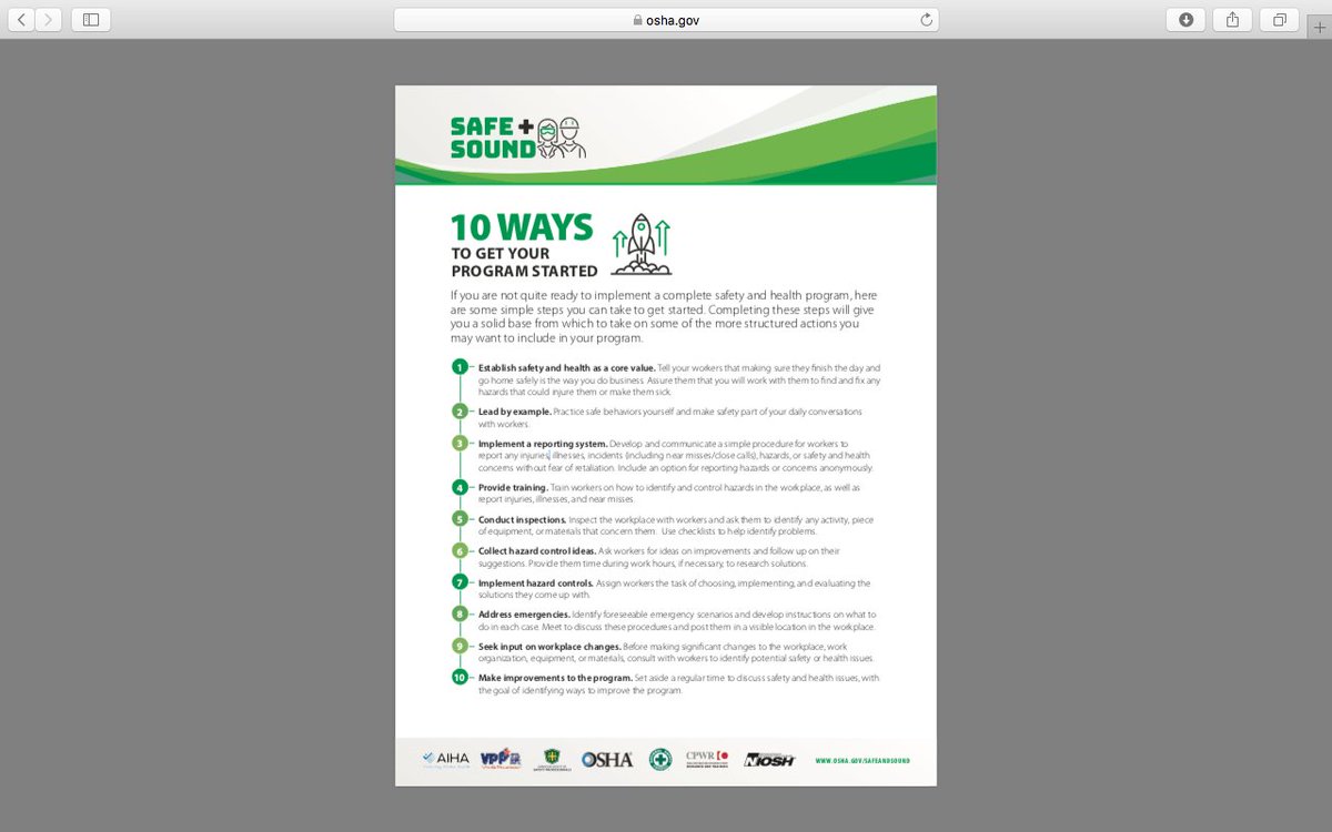 CPWR's tweet photo. Be sure to add these 10 strategies for starting or strengthening your workplace safety and health program to your holiday list: https://t.co/0BVCPC3178 #SafeAndSound2018 https://t.co/MySiOTF5Me