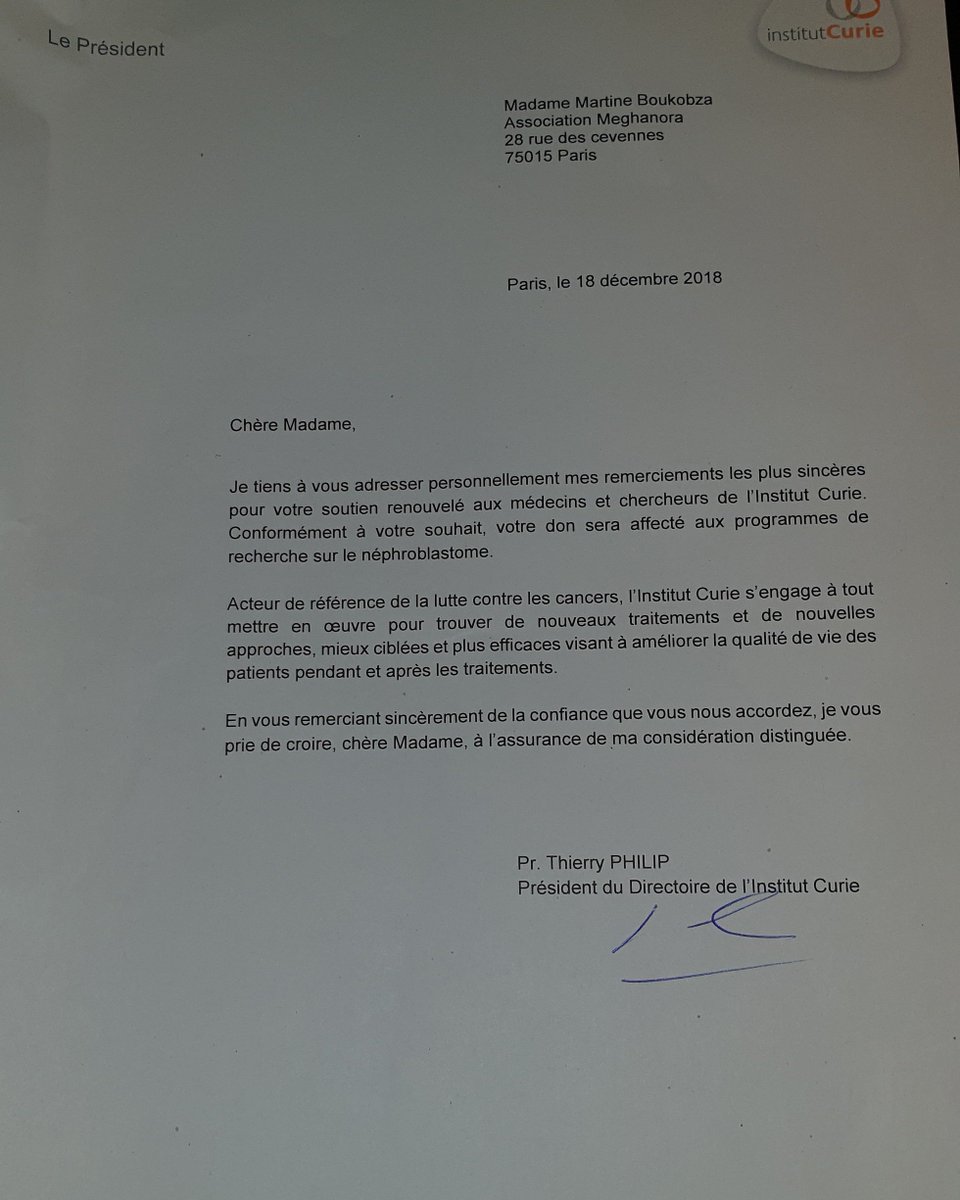 Quel plus beau cadeau que recevoir une nouvelle lettre de remerciements de <a href="/institut_curie/">Institut Curie</a> grâce aux chercheurs a nos supers Parrains <a href="/Bernier_Michele/">Michèle Bernier</a> <a href="/Fernandez_beIN/">Luis Fernandez</a> &amp; Vincent Parisi fidèles soutiens et une surprise de <a href="/association/">don't bother</a> <a href="/Meghanora/">Matoubkz</a> dès Janvier pour les enfants malades