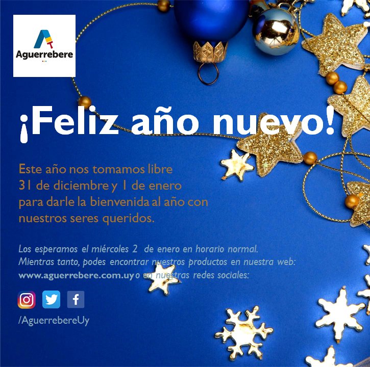 aguerrebereuy's tweet photo. FELIZ AÑO NUEVO
Les deseamos un muy feliz y próspero año nuevo! 
Nosotros este 31 de diciembre y 1ero de enero nos tomamos libre para darle la bienvenida al año con nuestros seres queridos.  
Los esperamos el miércoles 2! https://t.co/gluyJ0oQfL