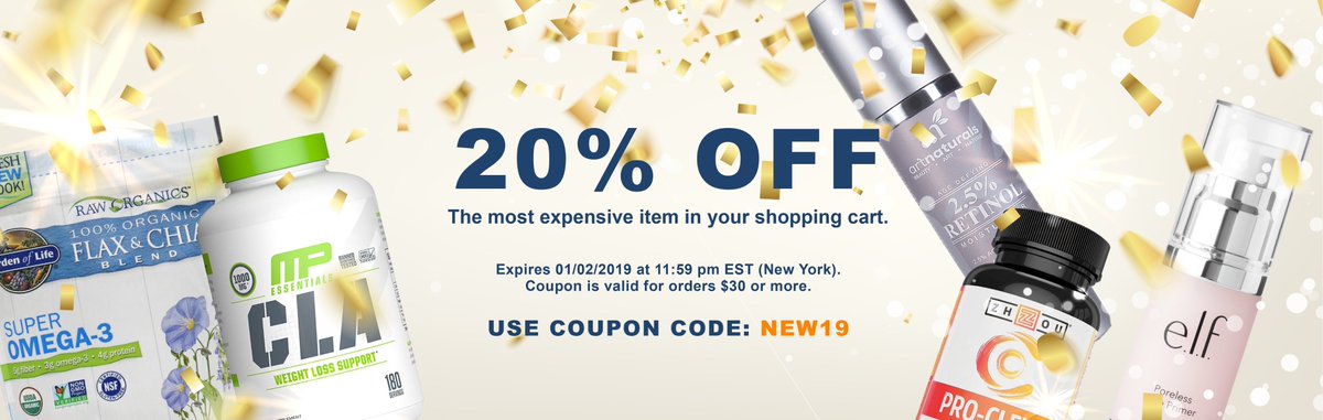 New Years Deals &amp; Promotions! 20% off the most expensive item in your shopping cart. Use coupon code: NEW19 Expires 1/2/2019 at 11:59 pm EST (New York) Coupon is valid for orders $30 USD or more. evitamins.com  #NewYear #newyearcoupon