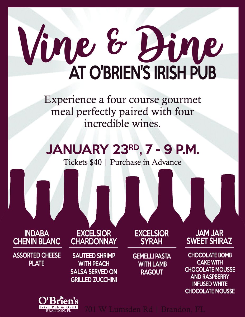 Join us for our first Vine &amp; Dine event at O'Brien's. Our team selected an amazing menu paired with four incredible wines.

Date: January 23rd, 7 - 9 p.m.
Tickets: $40 per person
#winetasting #dinner #obriens #tampabay