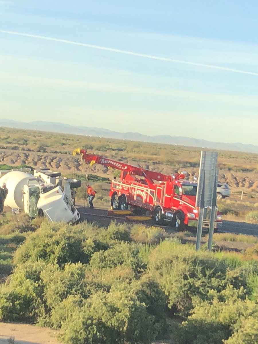 MadiPower's tweet photo. Stuck on the I-10 this am. Thank you @ArizonaDOT for the heads up. Hope the driver of this cement truck is ok! https://t.co/Gmq5ZaKnre