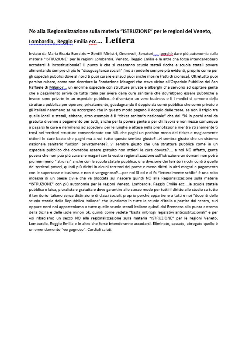 MGEsercizio's tweet photo. @silviachimienti "No alla Regionalizzazione sulla materia “ISTRUZIONE” per le regioni del Veneto, Lombardia,  Reggio Emilia ecc….". Lettera URGENTE della prof.ssa Esercizio M.G. https://t.co/kxfMi1Xyhk