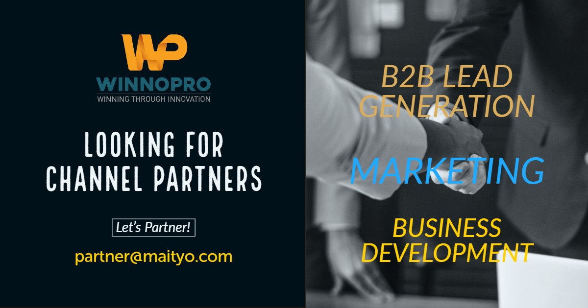 WinnoproTech's tweet photo. We're looking for #ChannelPartners for our #Marketplace (https://t.co/6sfll67cYy) who can assist us in - #B2BLeadGeneration, #Marketing #BD. 

Interested parties, individuals can comment or, write to us at: partner@maityo.com 

#b2bmarketing #leadgeneration #B2B https://t.co/GD7LhWvllI