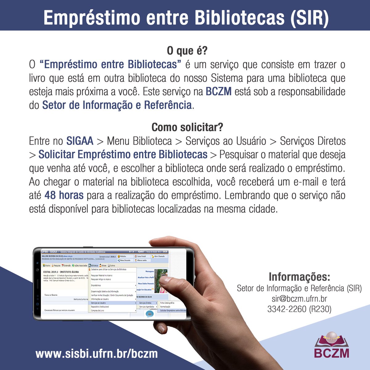 bczm_ufrn's tweet photo. Precisa de um livro que está em outra biblioteca? Solicita o empréstimo entre bibliotecas que traremos o livro até você. A solicitação é feita por meio do SIGAA, de forma prática e rápida. Experimenta! #temNaBCZM #ServiçosBCZM #EEB #UFRN https://t.co/L123Fs5oQn