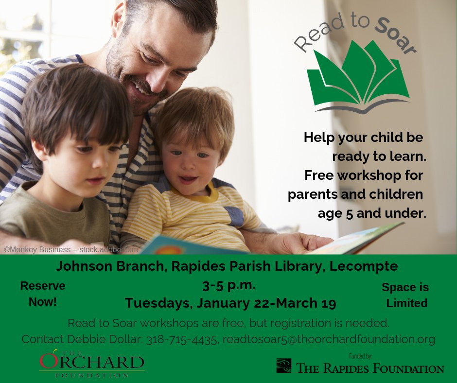rapides_trf's tweet photo. Attention Lecompte residents! Are you looking for a fun way to build early reading skills in your child so they are ready to learn? Register now for Read to Soar, a free reading workshop for parents and children 5 and under. https://t.co/loPPPoXGDM #ReadToSoar https://t.co/pKBnwsFQcV