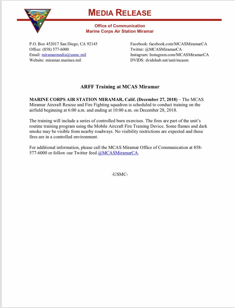 Tomorrow morning, 28 Dec, our ARFF Squadron will be doing fire training <a href="/MCASMiramarCA/">MCAS Miramar</a> Smoke from the controlled fire may be seen from areas outside of the base.