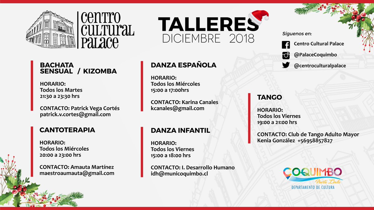 👉#Talleres #Diciembre ¡Bachata Sensual, Kizomba, Danza Española, Cantoterapia, Tango y más! Conoce los talleres que se ofrecen en el <a href="/PalaceCoquimbo/">CentroCulturalPalace</a>! Síguenos en Facebook: Centro Cultural Palace, Twitter: <a href="/PalaceCoquimbo/">CentroCulturalPalace</a> e Instagram: @centroculturalpalace. 👏👏