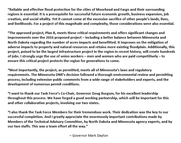 Today, @MnDNR approved a permit for the proposed Fargo-Moorhead Flood Diversion Project “Plan B.” A major infrastructure project, Plan B will provide reliable & effective flood protection & create new jobs. Governor Dayton issued the following statement. #BetterMN