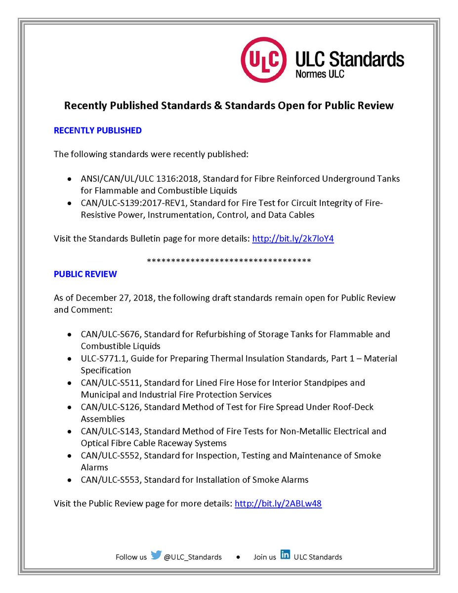 ULC_Standards's tweet photo. Check out what's new and #provideinput on proposed revisions to #ulcstandards. #standardsmatter #safety @StandardsCanada @SES_Standards @NRC_CNRC @ansidotorg https://t.co/vuJdlg657t