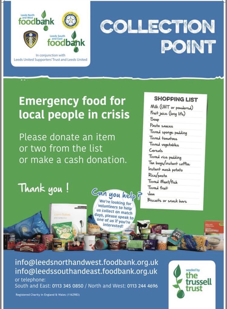 THE @LUFCFoodbank is back from 12.30pm near Billy's statue on Saturday.

January is a very busy month for Foodbanks who rely heavily on donations - so PLEASE keep supporting it.

Volunteers needed if anyone has some time to spare.
#leedsbringmore