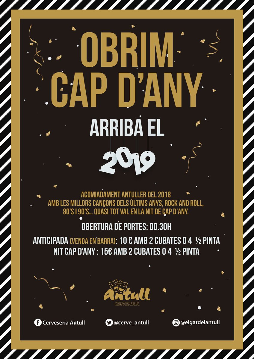 cerve_antull's tweet photo. ⚠️ ATENCIÓ⚠️ 
Celebra el Cap d’Any a l’Antull!! Pots vindre amb sabatilles o espardenyes de careta!  😉 https://t.co/aEIuDthzYB