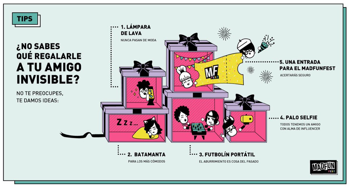 ¡MadFun al rescate! Aquí van unas cuantas ideas para aquellos que aún no saben qué regalar a su amigo invisible 😜🎁 #madfunfest #amigoinvisible