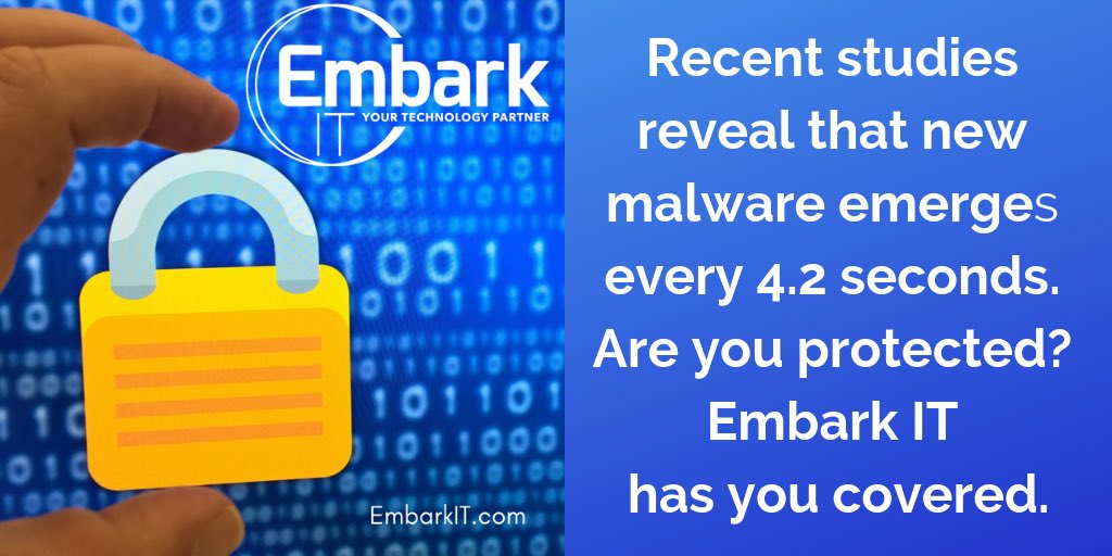 EmbarkIT's tweet image. Recent studies reveal that new malware emerges every 4.2 seconds.  Are you protected?  Embark IT has you covered. #EmbarkIT #CyberSecurity