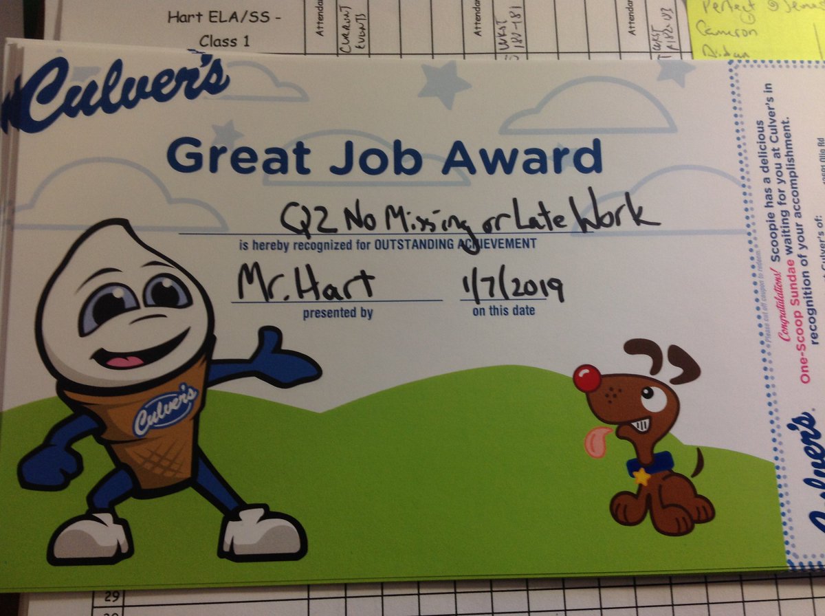 mrhartgis's tweet image. I had an amazing 22 students turn in all 97 assignments on time during the 2nd 9 weeks.  Enjoy your trip to @culvers! 16 students turned in all 197 assignments on time the entire 1st semester. Keep it up! #success4gis #oowttbyy #hargow #22isthemostiveeverhad
