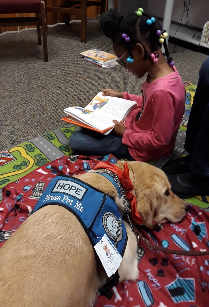 cobblibrary's tweet photo. #AcworthLibrary always looks forward to visits from Hope, a licensed comfort dog with over 2,000 hours of training, who serves as our Reading Dog for the Reading Dog Companion Program. #readtoadog https://t.co/9CDMYeo0GE