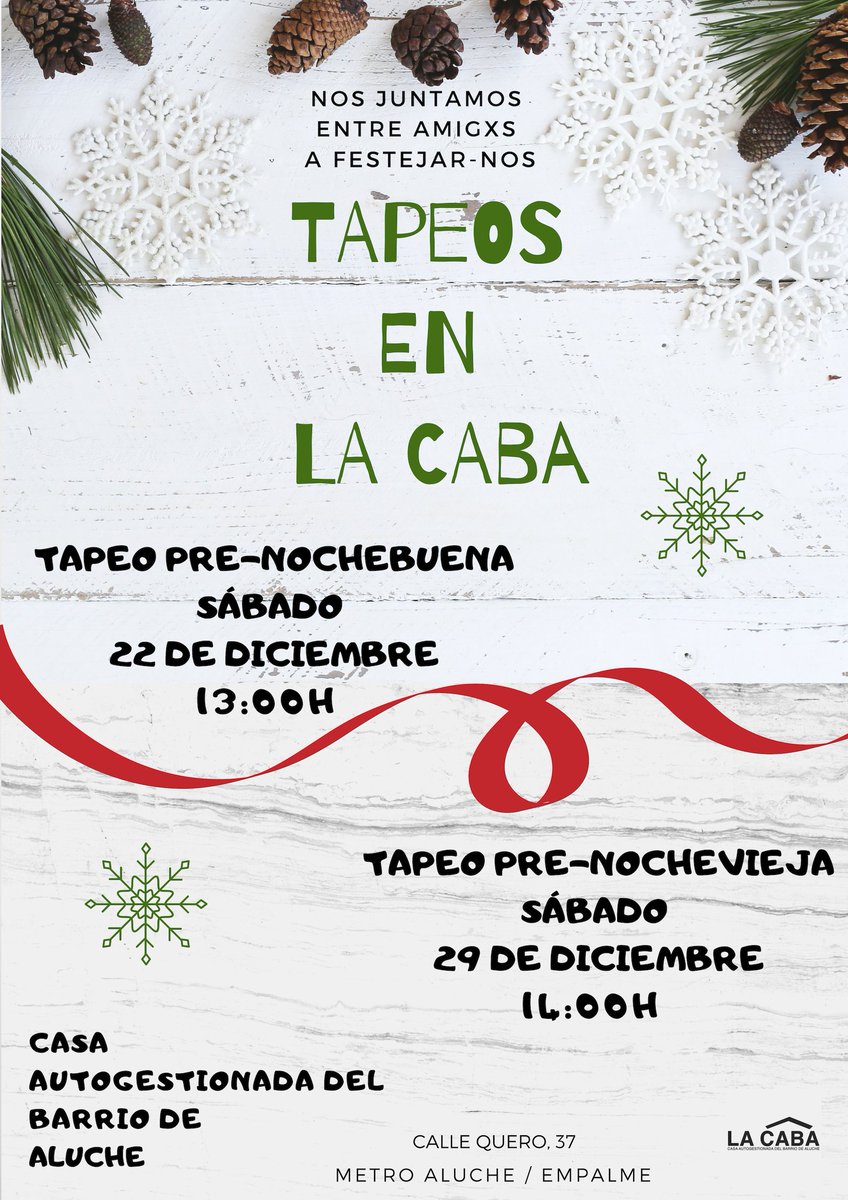 lacabaluche's tweet photo. El sábado 29 a partir de las 14:00H tendremos el #TapeoPreNochevieja además con 🥁🥁🥁 #PaellaPopular 👏🏿👏🏻👏🏽👏🏾 Eso es, ayuda a la #AutogestiónBarrial comiéndote un plataco de arroz invernal! #AlucheIsNotSpain https://t.co/X0Njz2MzTp