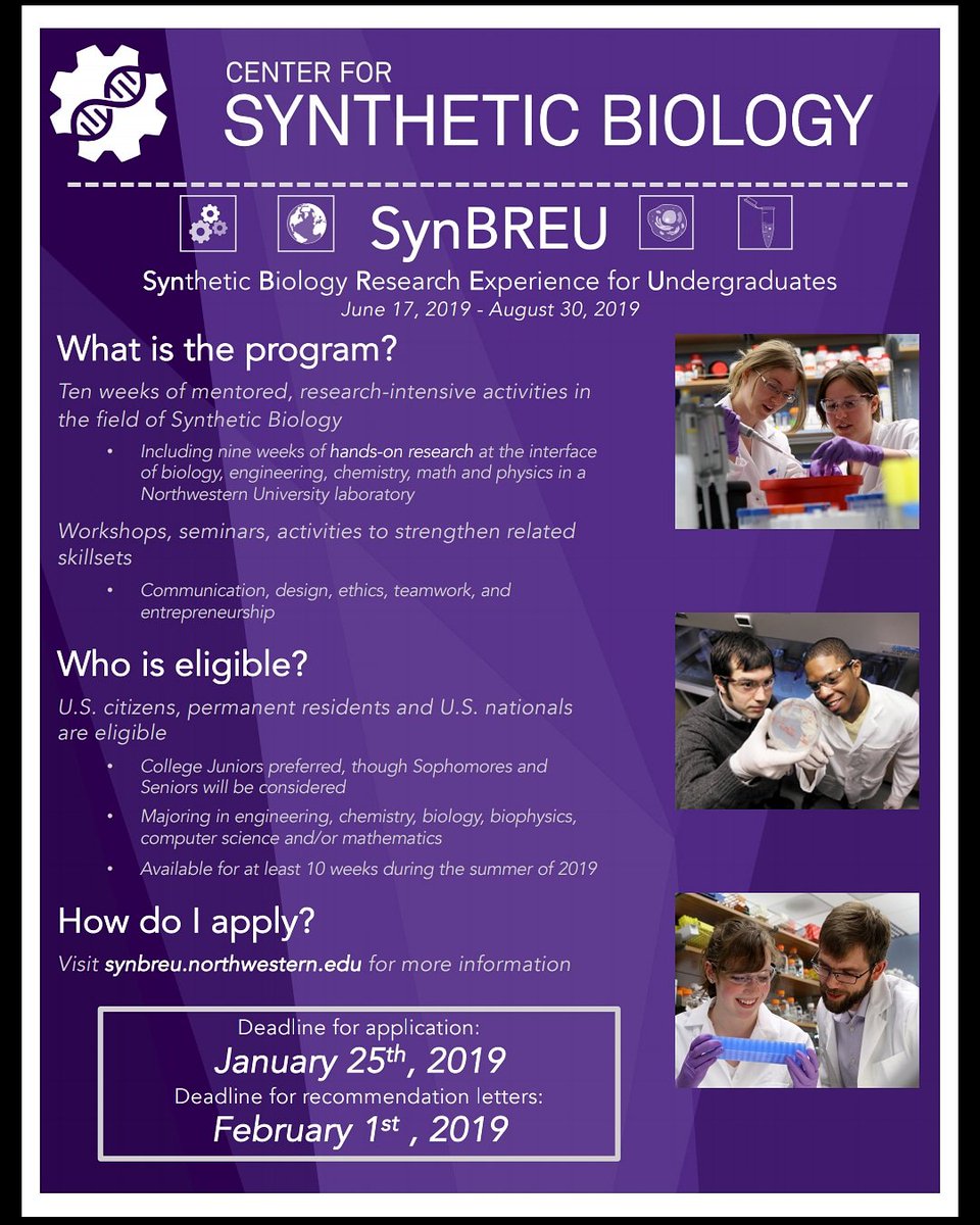 STEMPathways617's tweet photo. Opportunity for Summer 2019 ::
The Northwestern Center for Synthetic Biology is now accepting applications for the 2019 Synthetic Biology Summer Undergraduate Research Experience (SynBREU).  For full information and the application, visit website https://t.co/hJqxl56opc. https://t.co/l5UXJcNzPK