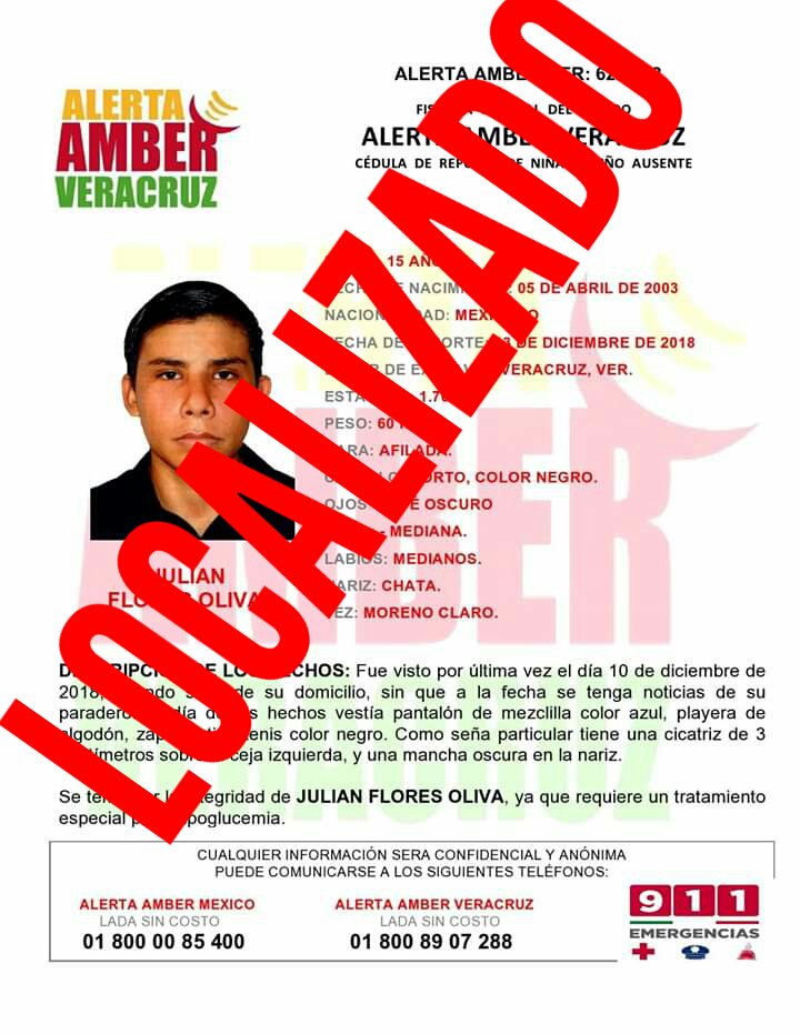 FGE_Veracruz's tweet photo. El programa Alerta Amber Veracruz, agradece su apoyo y colaboración en la difusión de la cédula Alerta Amber-Ver 62/2018 activada para la búsqueda de Julian Flores Oliva, de 15 años de edad, originario de Veracruz, ver., quien ya fue localizado. https://t.co/SuVqcLM7cd