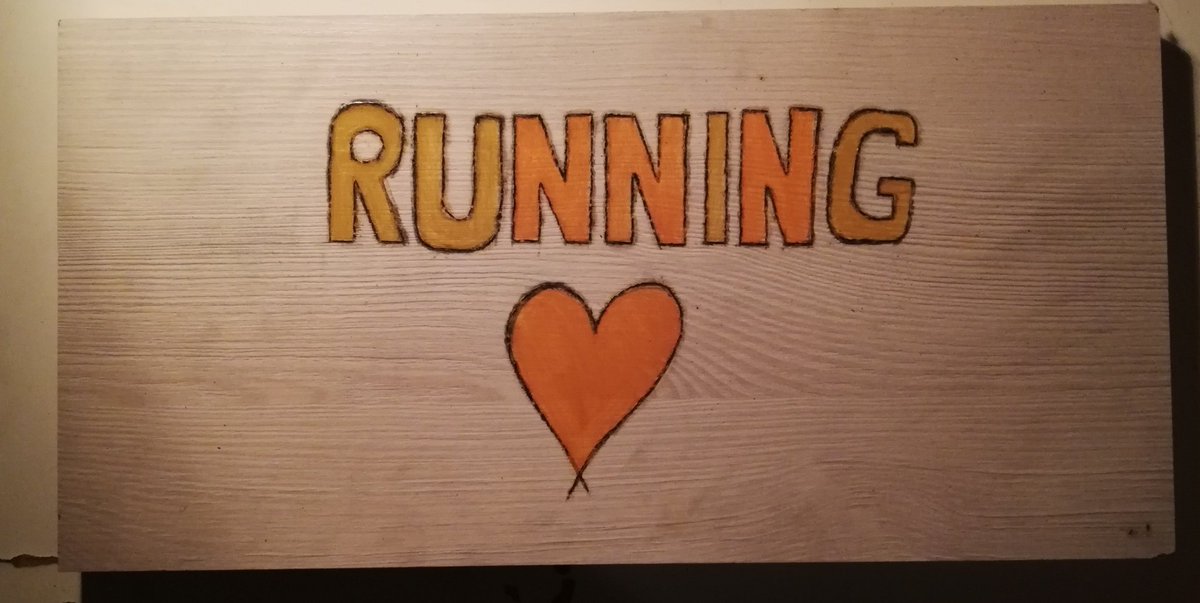 zamoblue's tweet photo. I felt artsy today so I made this. It's "Running" with a little orange heart burned in a wooden board. It's not the best but I tried 🧡 #RunningDecember28th @LaurenCimorelli https://t.co/LN9xFmuvqn