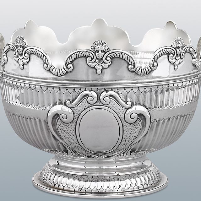 Diminutive cherubs crown the rim of this delightful sterling silver bowl created by the London Assay Office. The elegant fluted body and gadrooned details are executed in a manner worthy of the Goldsmiths' Company itself.  #rauantiques #silverbowl #antiquebowl #cherub #sterlingsi