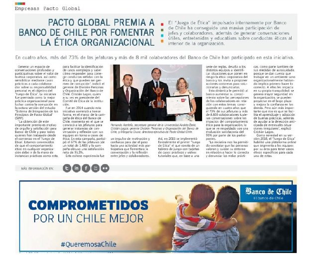 pactoglobal's tweet photo. 🗞️| No te pierdas en @EYN_ELMERCURIO la premiación que #PactoGlobal le otorgó a @bancodechile en el Estudio #SIPP2018 por impulsar y fomentar la ética organizacional.
Revisa la Pág. 9 de @ElMercurio_cl
➡️ https://t.co/vCzoCgvRV2
#Anticorrupción #ODS #Sostenibilidad https://t.co/GtYUYgRIvt