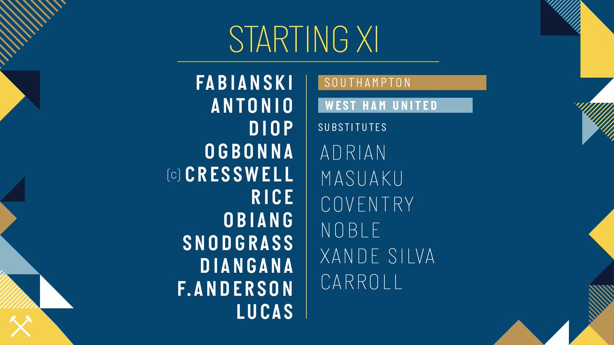 WestHam's tweet photo. Our team to take on Southampton tonight ⚒ https://t.co/eW0DXHdcNK