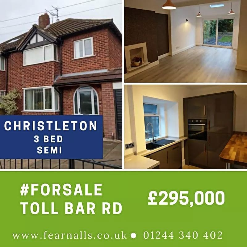 Fearnalls's tweet photo. #ForSale - Toll Bar Road, Christleton.  Larger than average 3 bed semi. £295,000. Ready to move straight in! To view, call us on 01244 340 402. #Fearnalls #EstateAgents #Chester #Christleton #ChesterTweets #Property #ChesterProperty #ForSale #ToRent #Vendors #Landlords #Tenants https://t.co/S7COcFKa9v