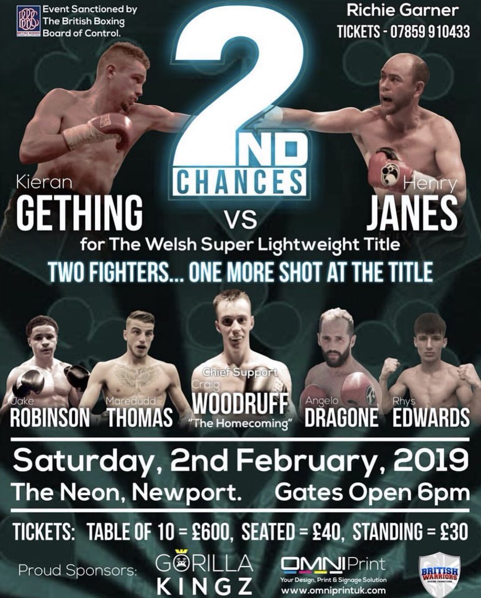 The New Year 2️⃣0️⃣1️⃣9️⃣ will kick off in #Newport!

<a href="/KiwiGething/">Kieran Gething</a> (6-2-1, 2KO) vs Henry Janes (12-23-3, 1KO) for the Welsh super-lightweight belt.

🌠⬆️ Undercard’s rising stars; <a href="/craigwoodruff/">Craig "Smiler" Woodruff</a>, <a href="/MareduddT/">Maredudd Thomas</a>, <a href="/dragone07/">Angelo Dragone ITALIAN STALLION</a>, <a href="/Rhysedwards2000/">Rhys Edwards</a> and <a href="/BabyJake94/">Jacobchamprobinson</a>.

Contact <a href="/RichieShadow/">Richie Garner</a> for 🎟