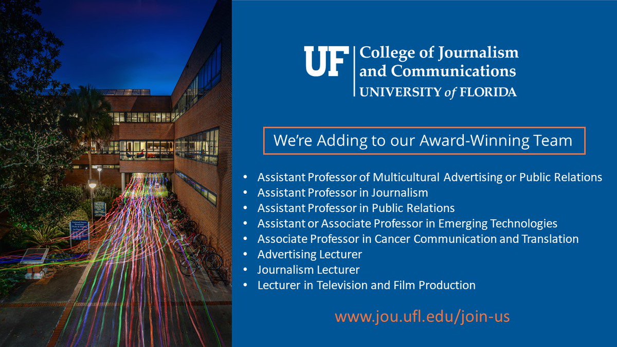 UFJSchool's tweet photo. Join one of the premier journalism and communication programs in the nation at a Top 8 public university.  For more information and to apply: https://t.co/gdxJaLB3zo #gogators @UF https://t.co/ZVIBl1kI8K