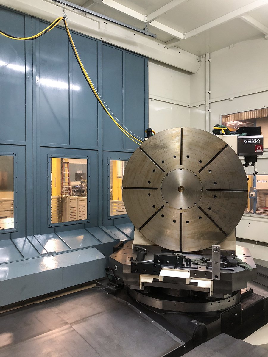 KomaPrecision's tweet photo. 60” rotary table capable of handling a 15,000 lbs part. Our cable management system kept the 5th axis rotary table constantly connected through a pallet change thereby increasing the throughput of the machine. https://t.co/xguxB1Iobo