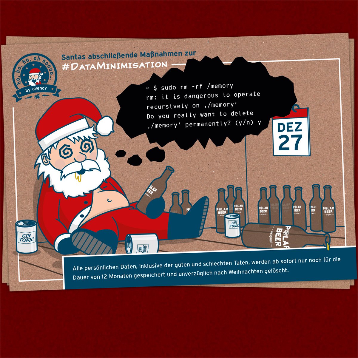 avencyGmbH's tweet image. 🎅 Santas abschließende Maßnahmen zur #DataMinimisation

— 
#SantaUndDerDatenschutz |
Wir hoffen Ihr habt vergangene Tage über Santas Beiträge und Ideen zu #DSGVO und #Datenschutz schmunzeln können. 
Wir verabschieden uns mit einem augenzwinkernden #HoHoHoOhNoooo …