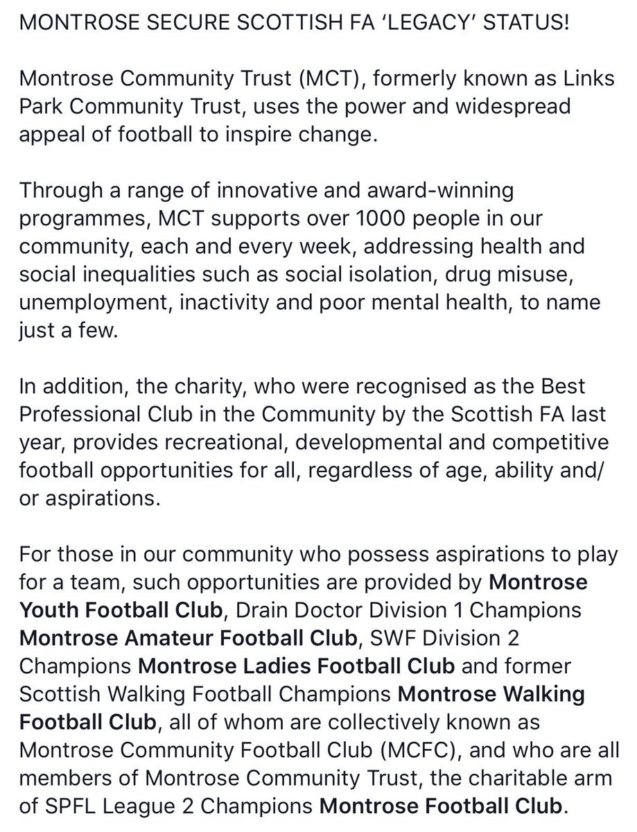 MontroseTrust's tweet image. MONTROSE SECURE LEGACY STATUS!

Montrose Community Football Club have been awarded LEGACY QUALITY MARK status by the Scottish FA East Region!

For the full story, click on the attached images...

@MontroseFC 
@ScottishFA 
@sfa_east 
@EFDN_tweets 

#MoreThanFootball
#FlagshipModel