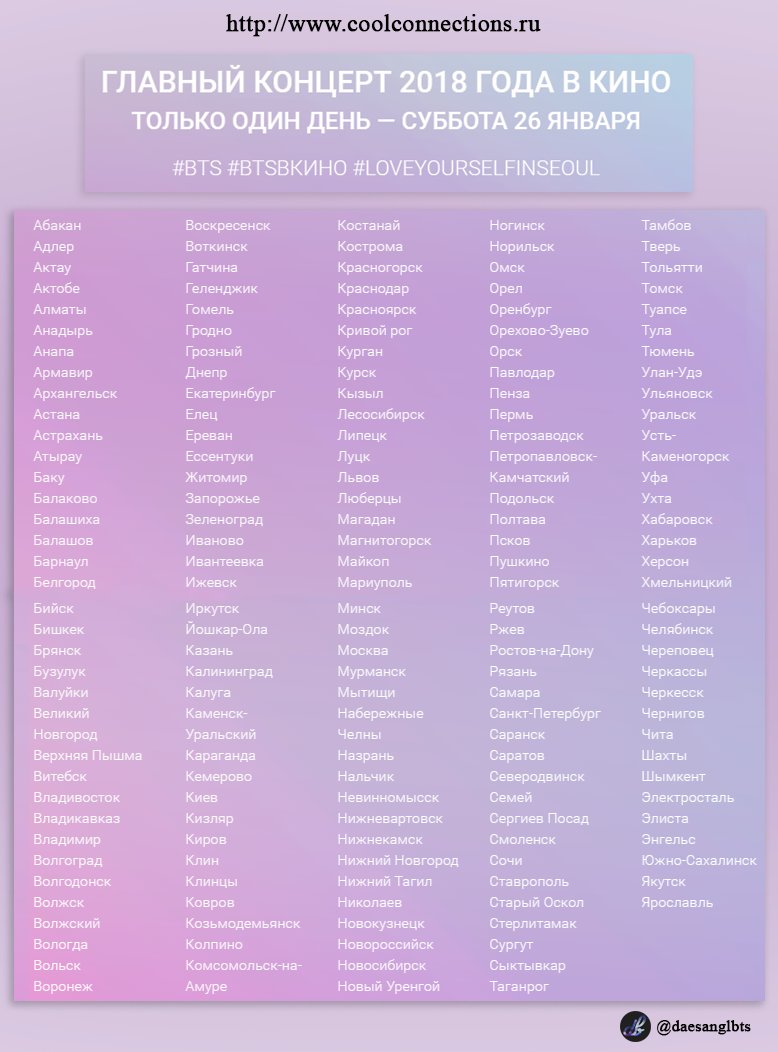 The film 'BTS LOVE YOURSELF TOUR IN SEOUL' &amp; russian-speaking ARMYs in a few words! The number of cities..
in Russia: 140
in Ukraine: 15
in Kazakhstan: 12
in Belarus: 4
in Azerbaijan: 1
in Armenia: 1
in Kyrgyzstan: 1
🔗coolconnections.ru/ru/titles/bts-…
#LOVEYOURSELFINSEOUL <a href="/BTS_twt/">방탄소년단</a>