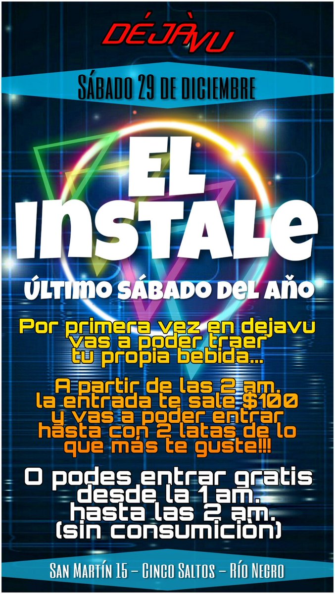 Dejavu_Dance's tweet photo. Éste sábado... ÚLTIMO SÁBADO DEL AÑO Y TENES QUE PONÉRTELA EN LA PERA 🍐😎
⚠️"EL INSTALE"
Por primera vez en Dejavu vas a poder traer tu propia bebida 👌🏼

➡️A partir de las 2 am. la entrada sale $100 y vas a poder entrar hasta con 2 latas (no botellas) de lo que más te guste!!! https://t.co/cxjO5zld9m
