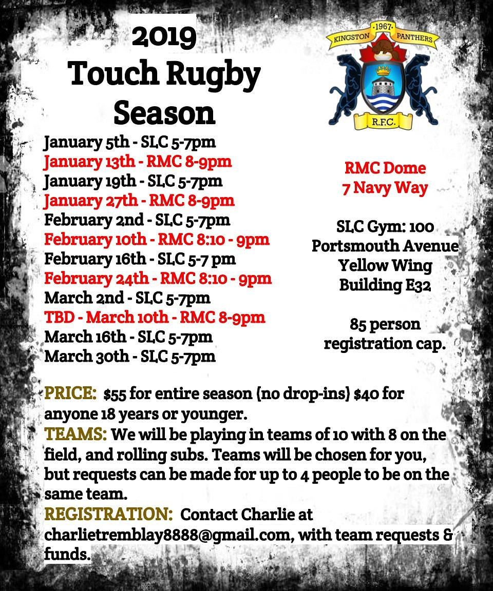 RugbyKingston's tweet photo. Are you missing rugby? Announcing our touch rugby season starting January 5th! All 12 sessions for only $55! Please  email charlietremblay8888@gmail.com  to register by January 4th to get teams organized!  Check out the information on the poster and email any questions! https://t.co/vPP2Gtz6MF