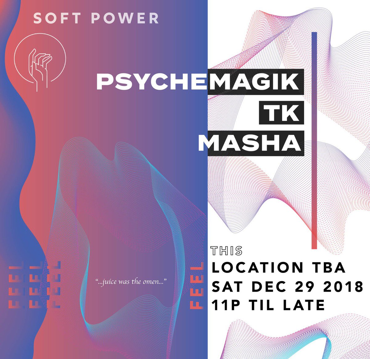 restlessnites's tweet photo. Saturday

Celebrate the last weekend of 2018 with a Soft Power slapper featuring an extended set from @Psychemagik plus locals @tkdee &amp; Masha.

Get presales for a limited time:
https://t.co/HaKdodT7oe https://t.co/tSqr2wG9rf