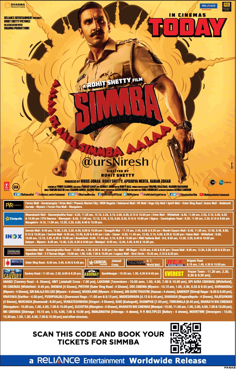 ursniresh's tweet photo. #Simmba In Cinemas Today

Here's the Hyderabad, Bangalore &amp; Mumbai Screens List 

@RanveerOfficial #SaraAliKhan @karanjohar #RohitShetty @DharmaMovies @RSPicturez @RelianceEnt @SimmbaTheFilm  #SimmbaToday #SimmbaDay https://t.co/BncTpHXpr2