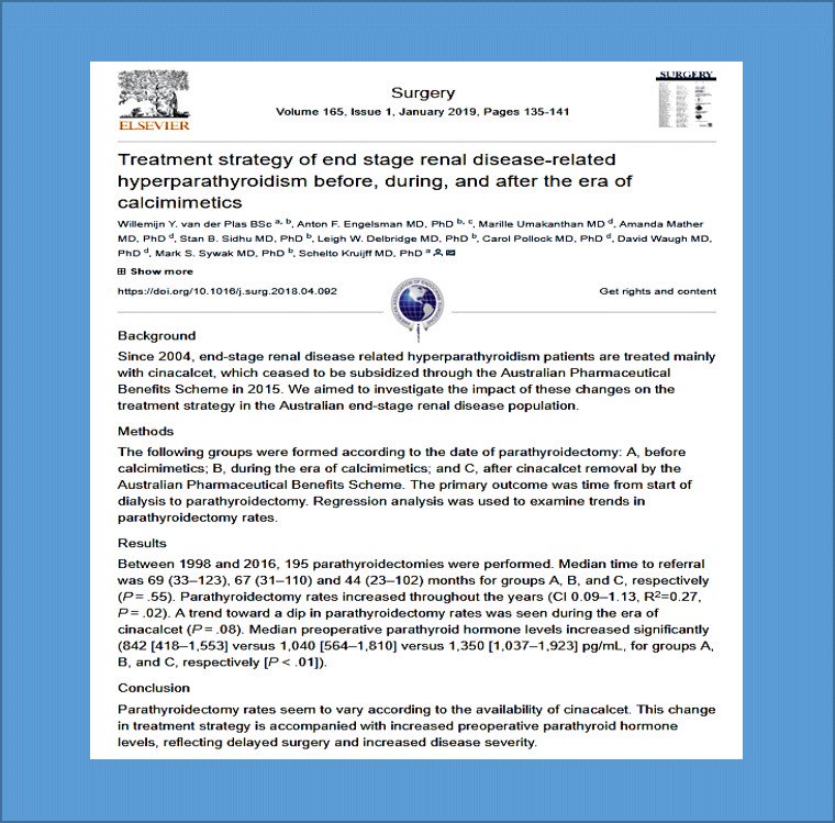 TheAAES's tweet photo. Availability of cinacalcet in Australia impacts treatment strategy & PTH levels in ESRD patients w/ secondary HPTH. https://t.co/4yAr6dDHlu @TheAACE @AmThyroidAssn @AMEN_SUPPORT @nkf @unos @TheEndoSociety @ThyCaInc @AmCollSurgeons @AmBdSurg @SurgJournal @ElsevierConnect #AAES2018 https://t.co/uto5UvZy5d