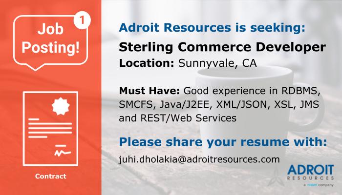 adroitjobs's tweet image. We are looking for a Sterling Commerce Developer for one of our premier clients. To gather more details, please click on the link: ow.ly/xv9N30n7eGn #RDBMS #SQLScripts #Java #JSON #SMCFS #WebServices #SunnyvaleJobs #CaliforniaJobs #AdroitJobs