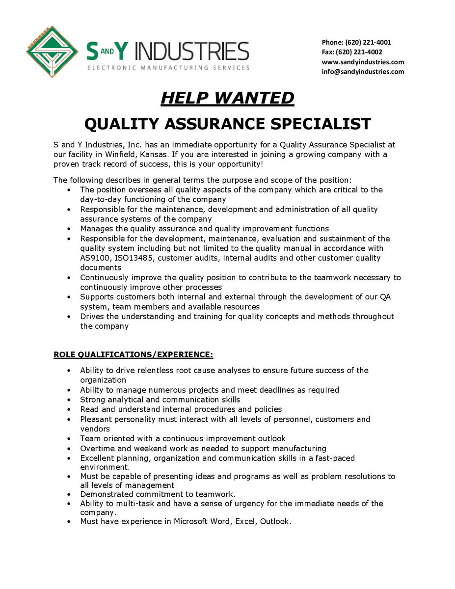SandYIndustries's tweet photo. HELP WANTED 
S and Y has an immediate opportunity for a QUALITY ASSURANCE SPECIALIST.

TO APPLY: 
Serious candidates may apply by sending letter, resume, references and salary requirements to: john.foust@sandyindustries.com https://t.co/PSPEeOavgp