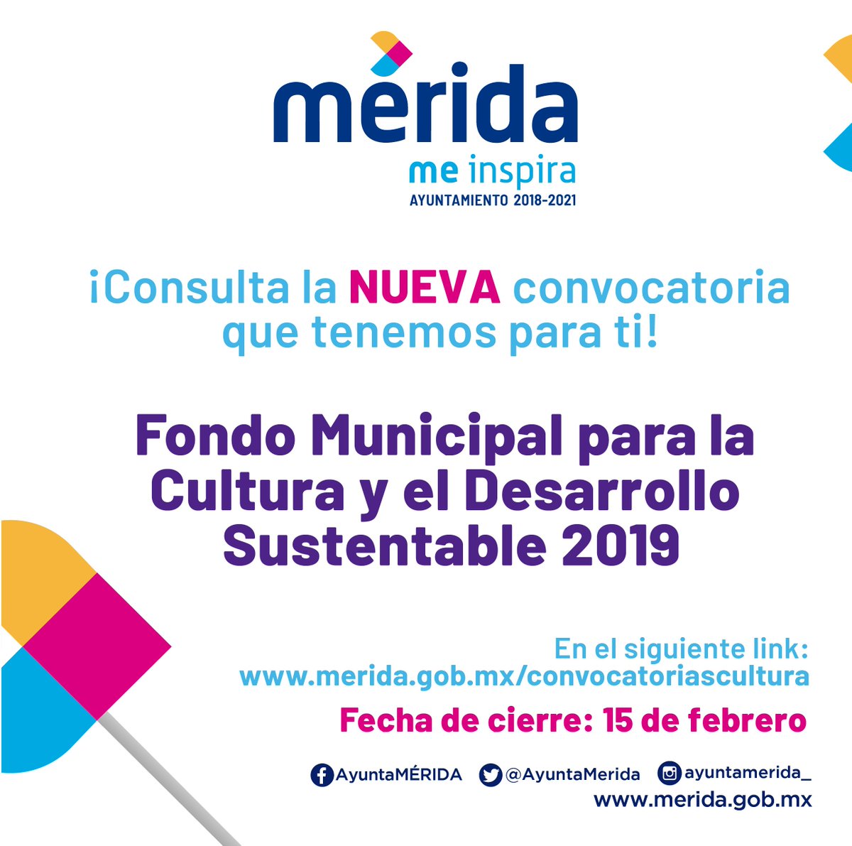 MeridaCultura1's tweet photo. ¿Quieres conocer más del Fondo Municipal para la Cultura y el Desarrollo Sustentable 2019 y participar con tus proyectos?  Asiste este sábado a una charla informativa a la videosala del Centro Cultural de Mérida Olimpo, de 10:00 a 12:00 horas. ¡Entrada libre! #Agenda21Culture https://t.co/tabADlHEKK