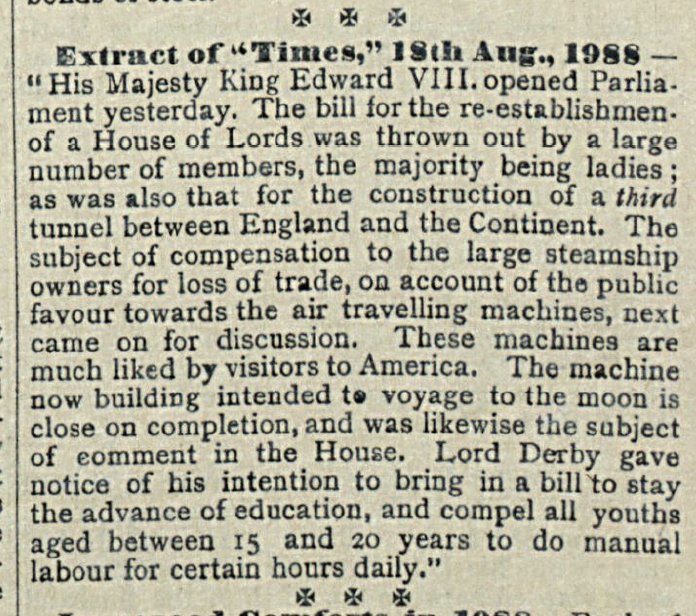 Three Channel Tunnels, a female majority in parliament, and the abolition of the House of Lords! Well, at least we got the 'air traveling machines' and made it to the moon quicker than this Victorian predicted...