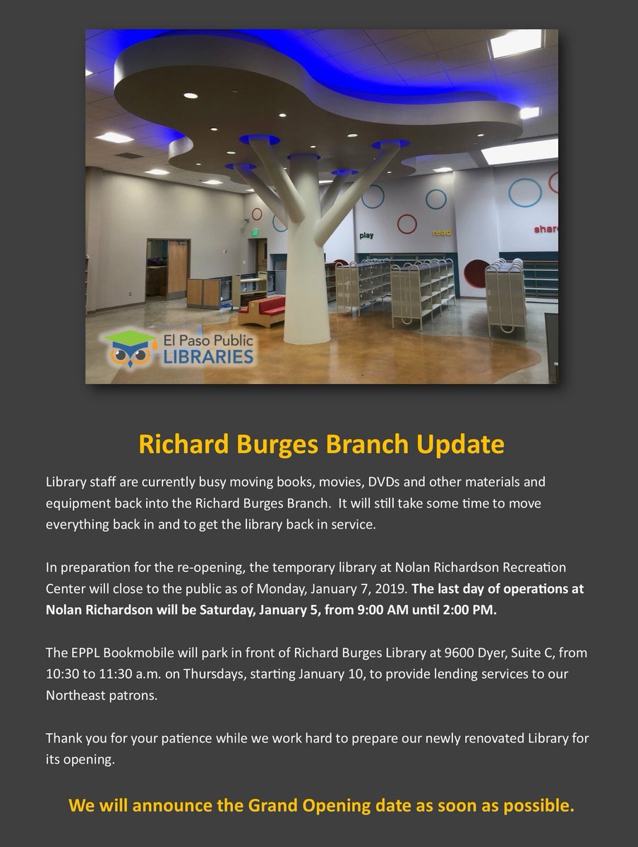 Whitaker Library (@whitaker_reads) on Twitter photo Here is an update for my northeast readers from the <a href="/elpasolibrary/">El Paso Public Library</a>. #episdlibraries Here is an update for my northeast readers from the <a href="/elpasolibrary/">El Paso Public Library</a>. #episdlibraries