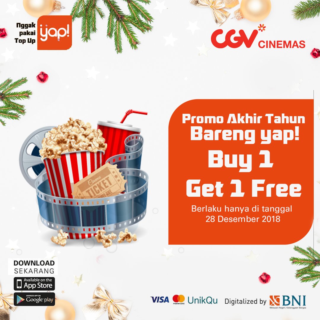 yapinaja's tweet photo. Nonton bareng keluarga makin hemat pakai yap! Dapatkan promo buy 1 get 1 free tiket nonton CGV khusus untuk hari ini. Info lengkapnya cek di sini: https://t.co/ZdGlICqtEm #yapinaja https://t.co/TL5YpU9Ldz