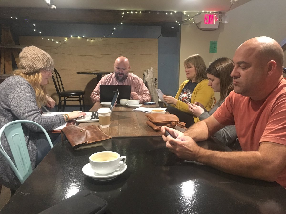 PhotoCasey's tweet photo. We got stuck in Hays for a couple hours while I70 was closed due to snow. Found a good coffee shop to set up office and get some #FriendsSummit18 logistical work done https://t.co/wwBbiBP32V