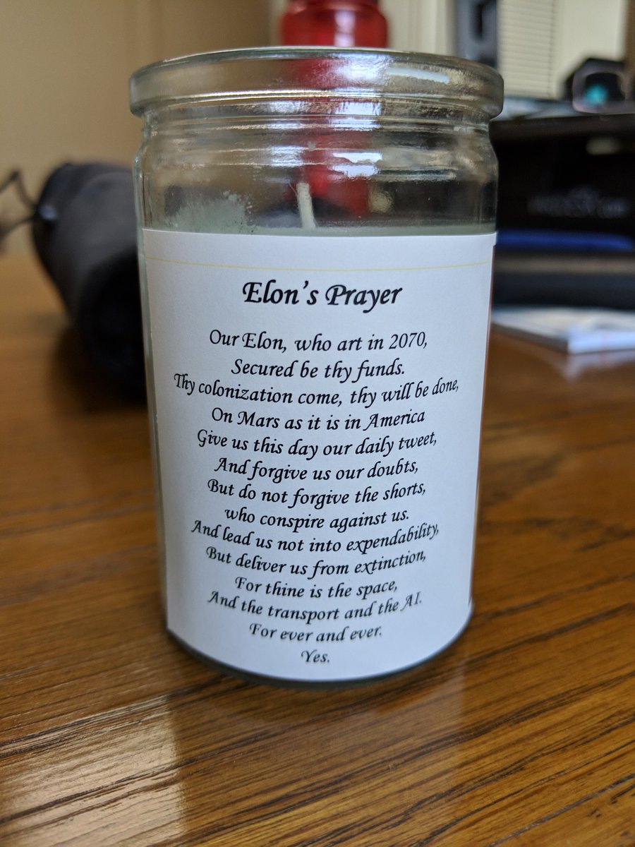 CompoundingCzar's tweet photo. From #FOMOMO shirts to limited edition Elon prayer candles, the Czar delivers.
"Our Elon, who art in 2070, secured be thy funds..."
Glad you liked it @plan4dough ! #happyholidays https://t.co/gISVmh14YV